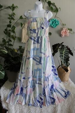 NWT Prosperina Size M European Travel Print Smocked Tiered Maxi Dress